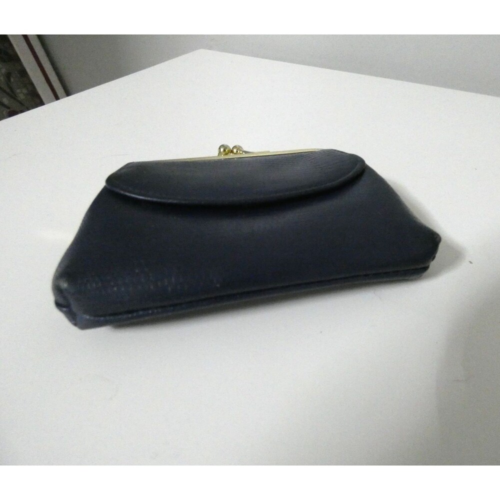 Vintage Buxton Dark Blue Leather Coin Purse Pouch 5" Kiss Lock Front Flap 1950s - Picture 2 of 7